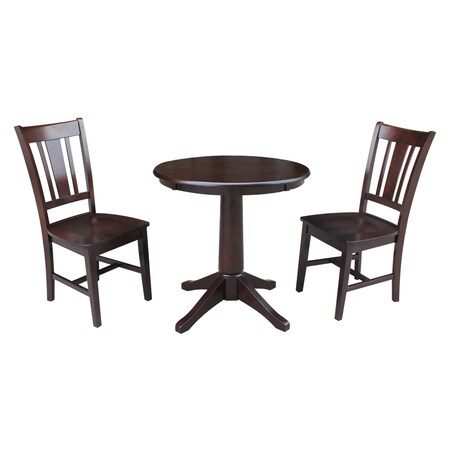 International Concepts Round 30 in Round Top Pedestal Table, with 2 San Remo Chairs, Rich Mocha, 30 in W, 30 in L, Wood K15-30RT-27B-C10-2